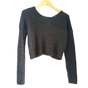 Forever 21 Women's Crop Top Lace-Up Back Sweater Black/Grey Knit Long Sleeves SM